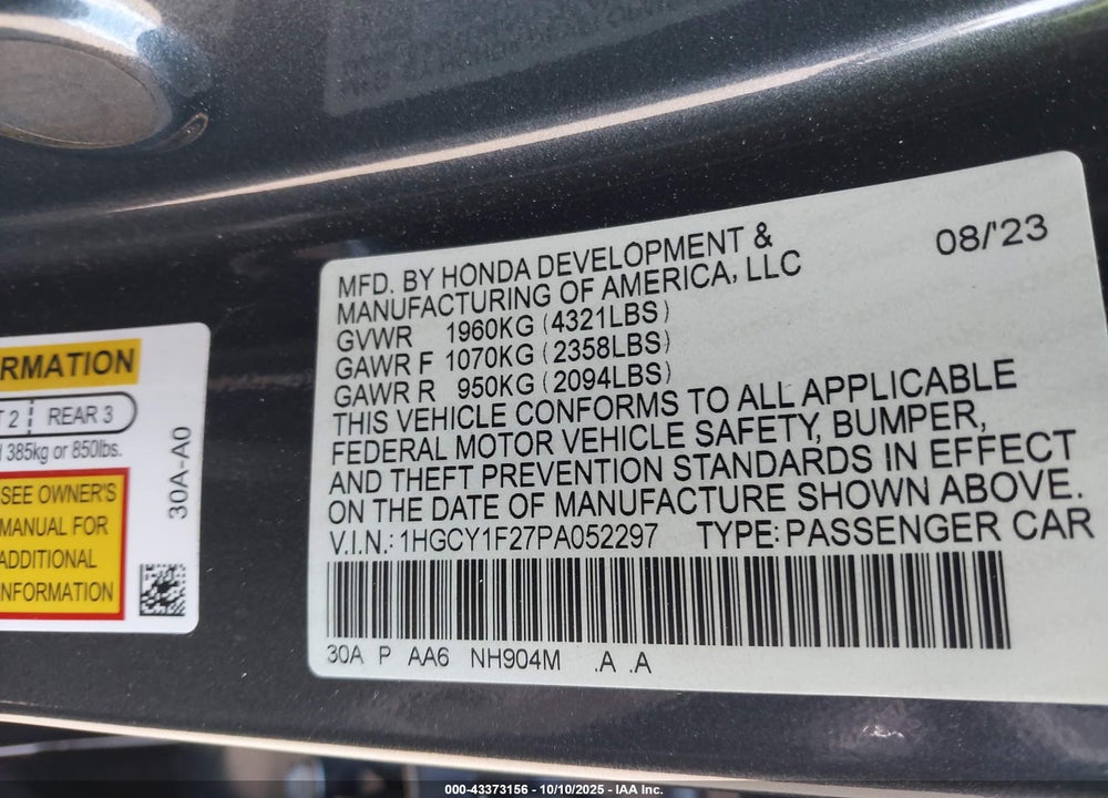 2023 HONDA ACCORD LX VIN: 1HGCY1F27PA052297