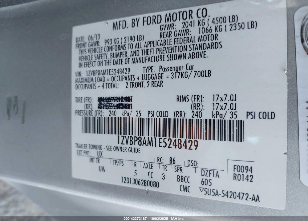 2014 FORD MUSTANG VIN: 1ZVBP8AM1E5248429