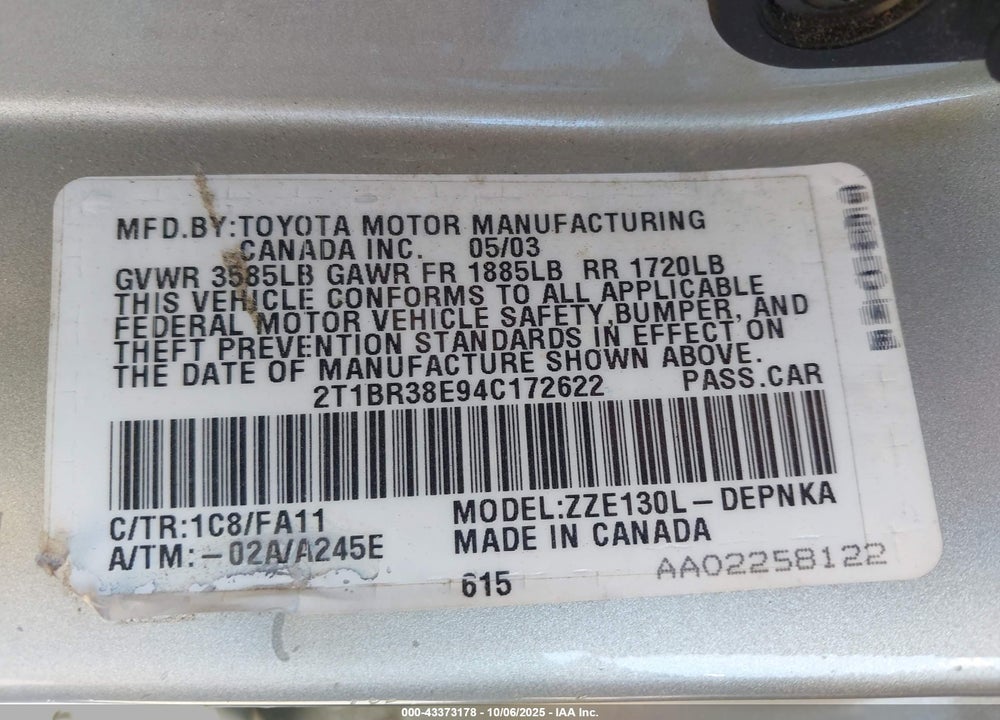 2004 TOYOTA COROLLA VIN: 2T1BR38E94C172622