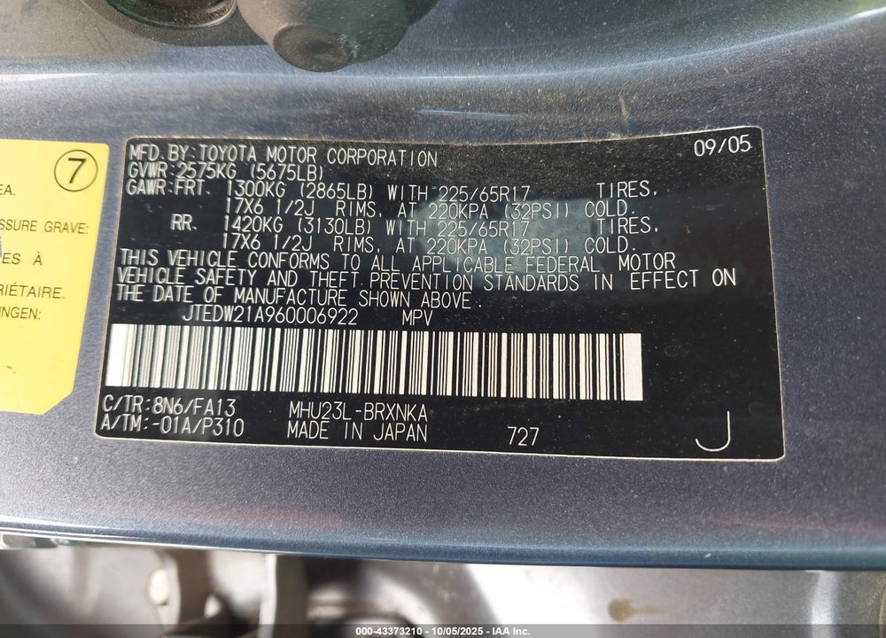 2006 TOYOTA HIGHLANDER HYBRID V6 VIN: JTEDW21A960006922