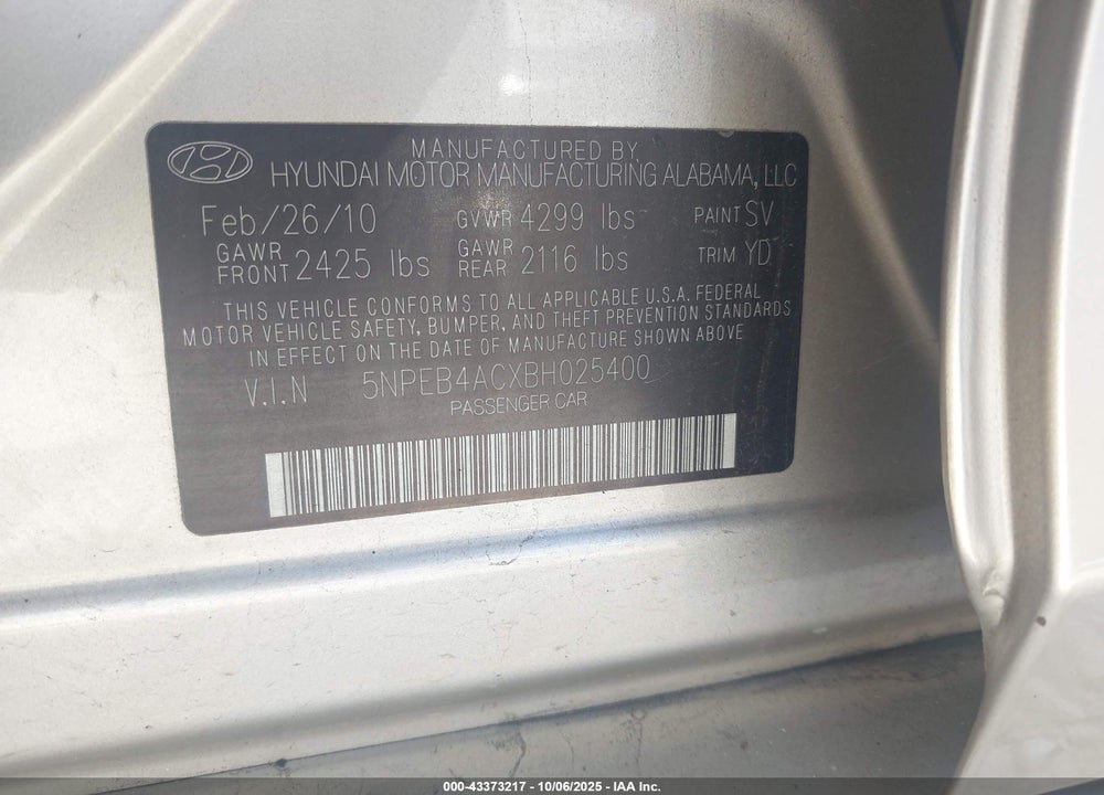 2011 HYUNDAI SONATA VIN: 5NPEB4ACXBH025400