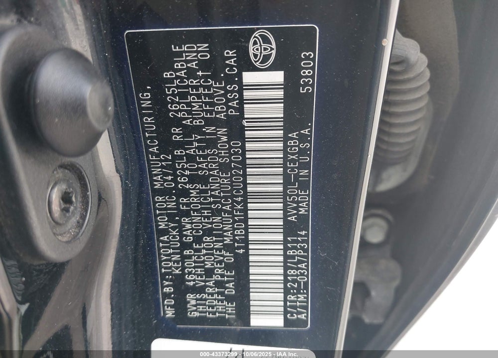 2012 TOYOTA CAMRY HYBRID XLE VIN: 4T1BD1FK4CU027030