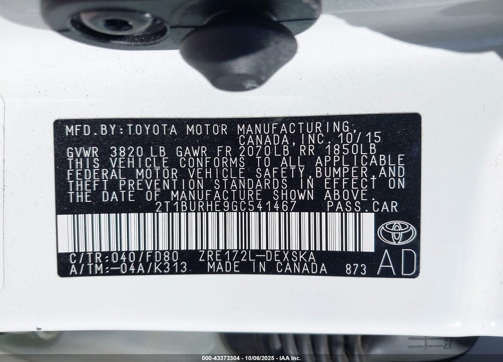 2016 TOYOTA COROLLA VIN: 2T1BURHE9GC541467
