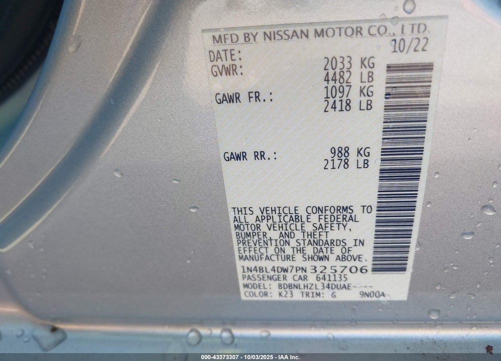 2023 NISSAN ALTIMA SV INTELLIGENT AWD VIN: 1N4BL4DW7PN325706