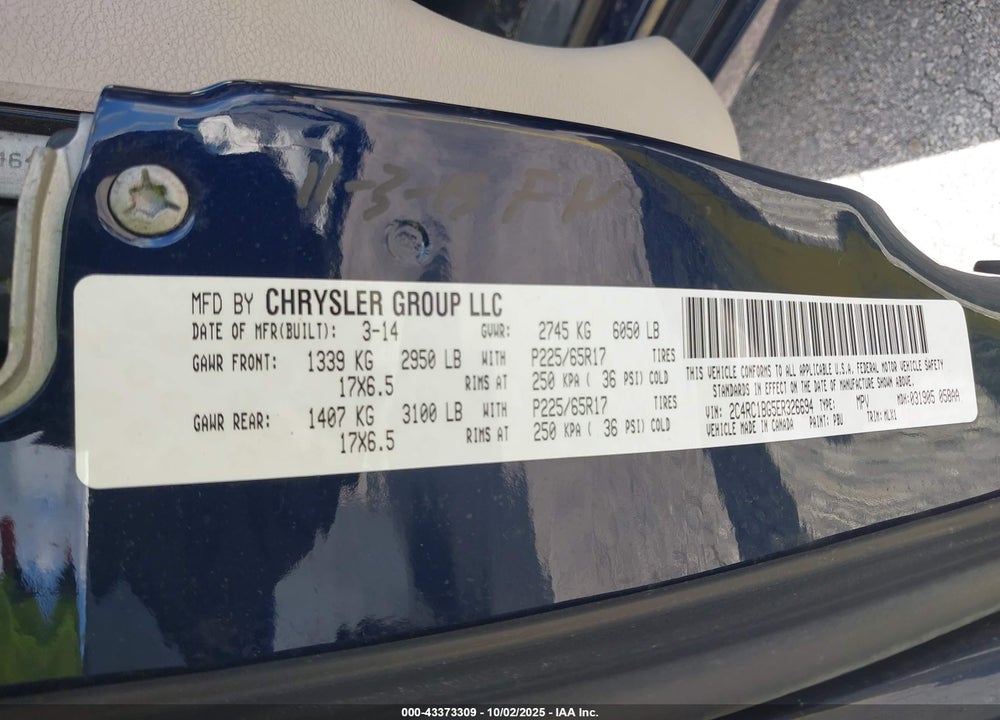 2014 CHRYSLER TOWN & COUNTRY VIN: 2C4RC1BG5ER326694