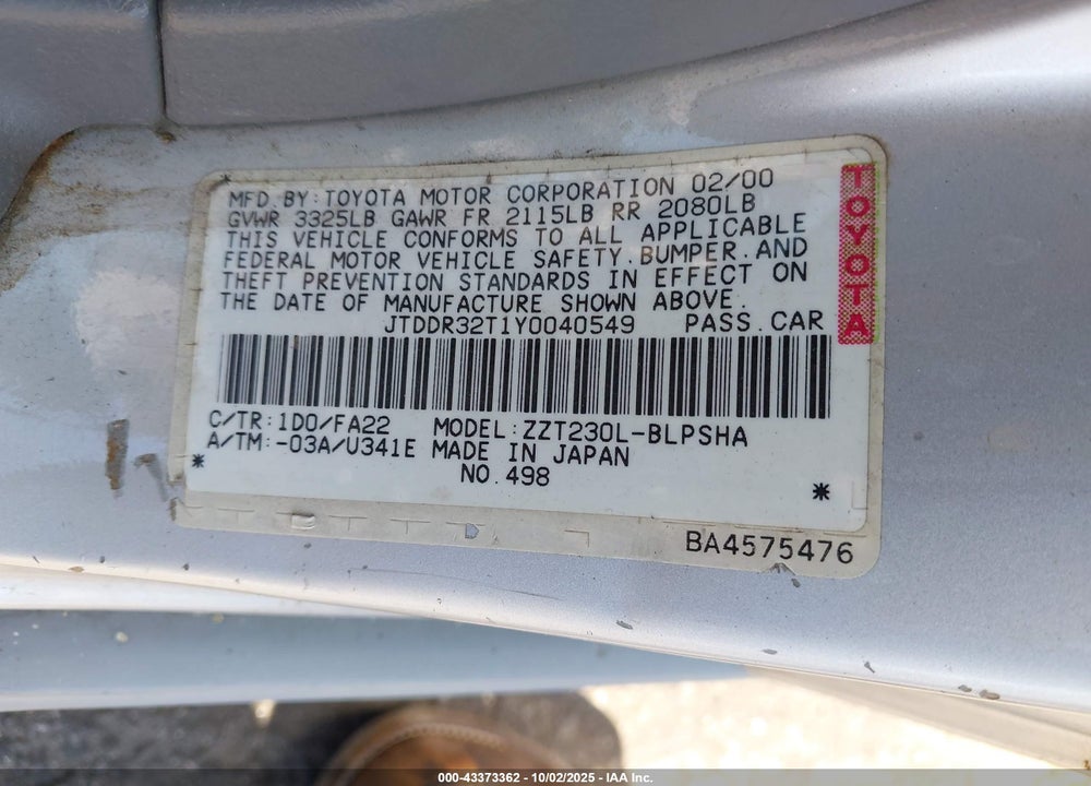 2000 TOYOTA CELICA VIN: JTDDR32T1Y0040549