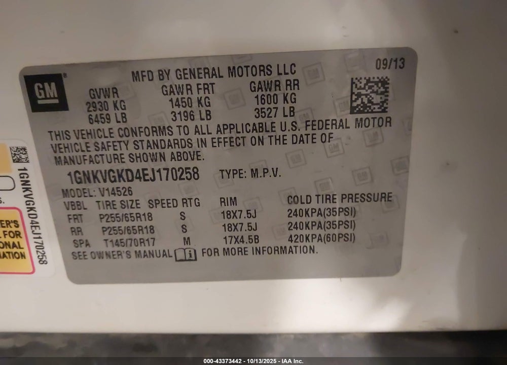 2014 CHEVROLET TRAVERSE VIN: 1GNKVGKD4EJ170258