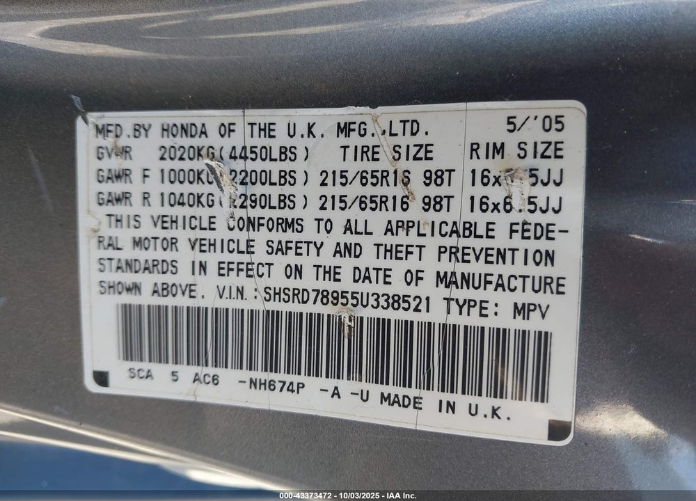2005 HONDA CR-V SE VIN: SHSRD78955U338521