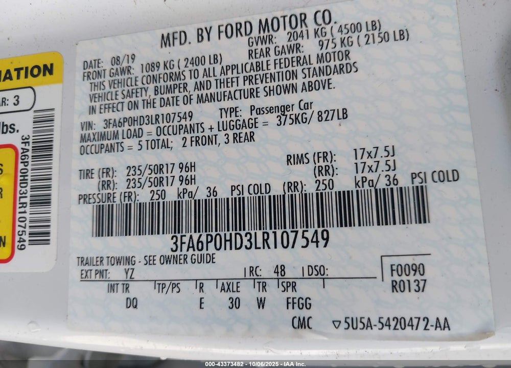2020 FORD FUSION SE VIN: 3FA6P0HD3LR107549