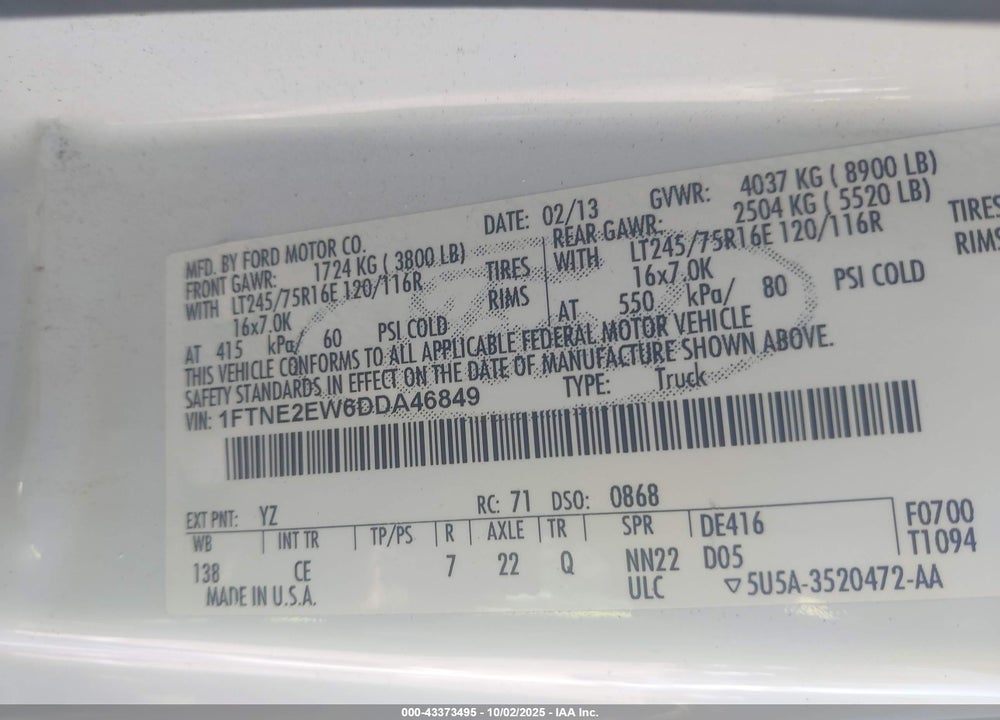 2013 FORD E-250 COMMERCIAL VIN: 1FTNE2EW6DDA46849