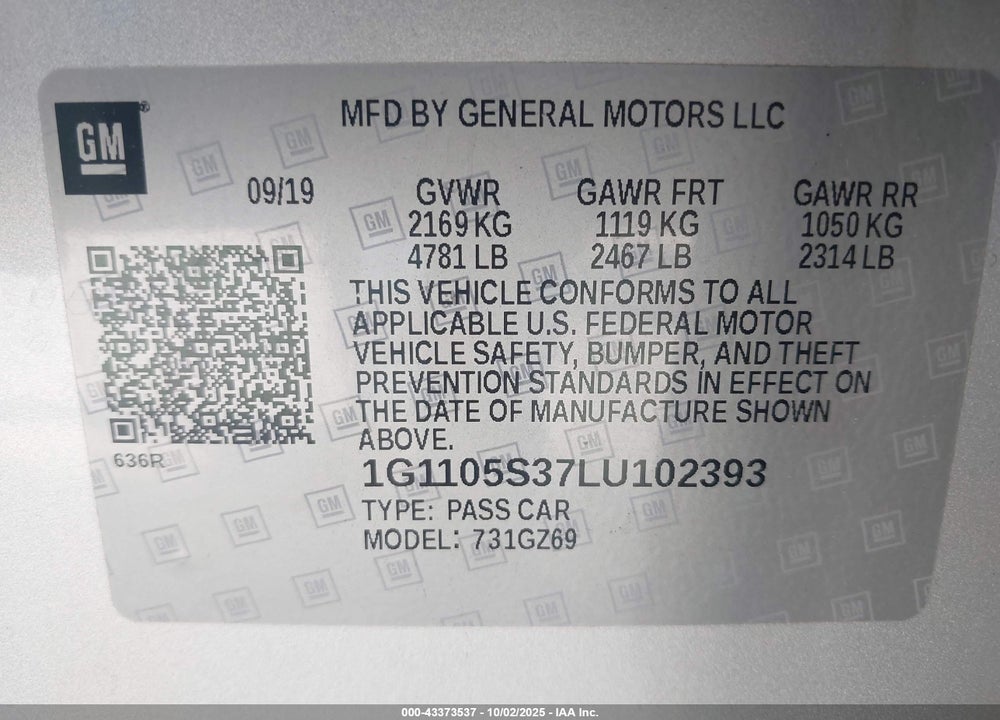 2020 CHEVROLET IMPALA FWD PREMIER VIN: 1G1105S37LU102393