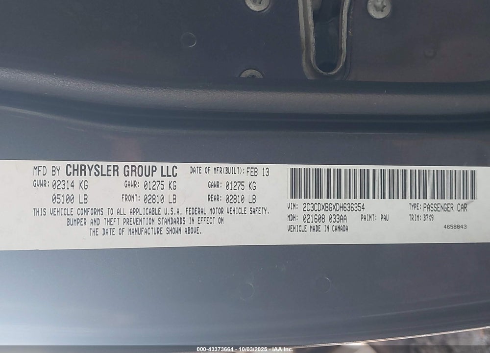 2013 DODGE CHARGER VIN: 2C3CDXBGXDH636354