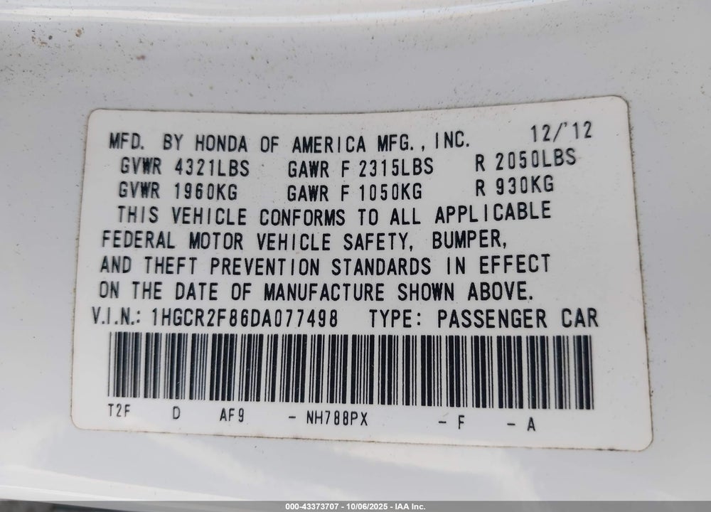 2013 HONDA ACCORD VIN: 1HGCR2F86DA077498