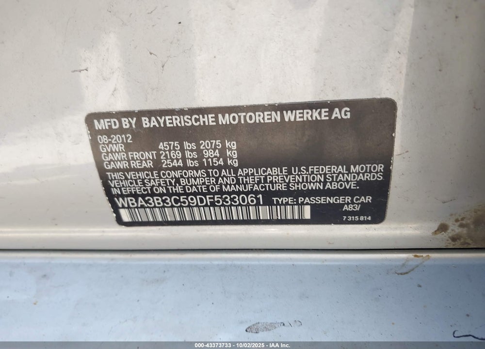 2013 BMW 3 SERIES VIN: WBA3B3C59DF533061