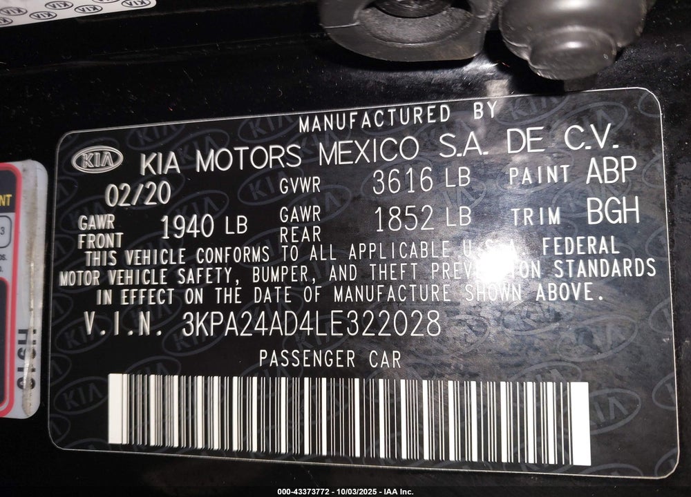 2020 KIA RIO VIN: 3KPA24AD4LE322028