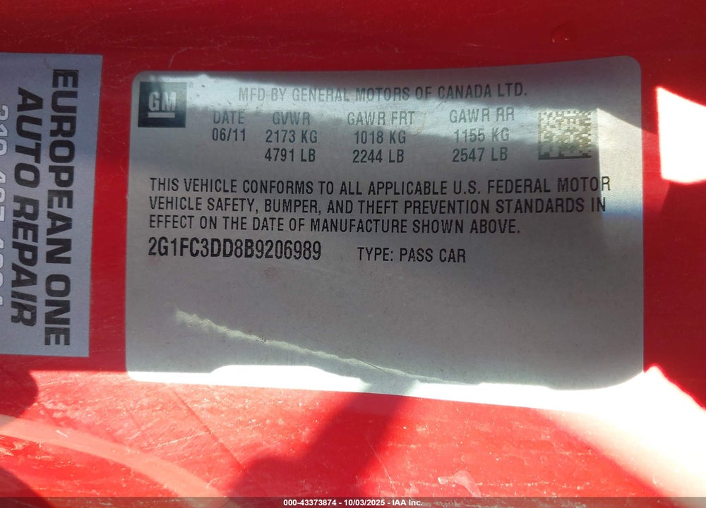 2011 CHEVROLET CAMARO VIN: 2G1FC3DD8B9206989