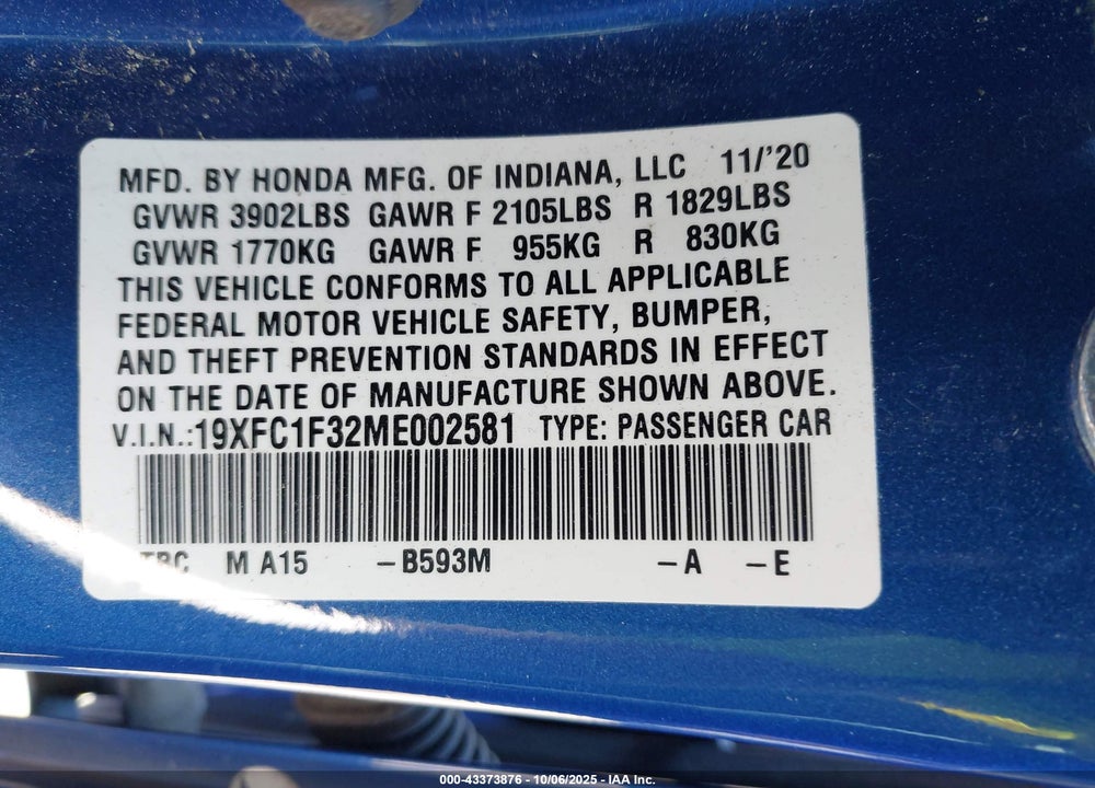 2021 HONDA CIVIC EX VIN: 19XFC1F32ME002581