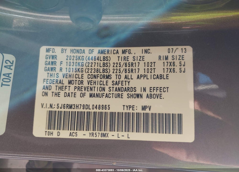 2013 HONDA CR-V VIN: 5J6RM3H79DL048965