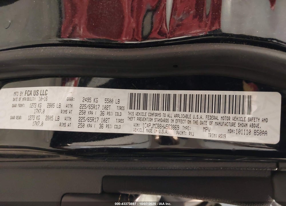 2017 JEEP CHEROKEE VIN: 1C4PJMCB8HW563869