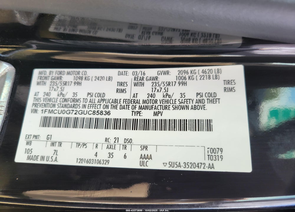 2016 FORD ESCAPE VIN: 1FMCU0G72GUC85836