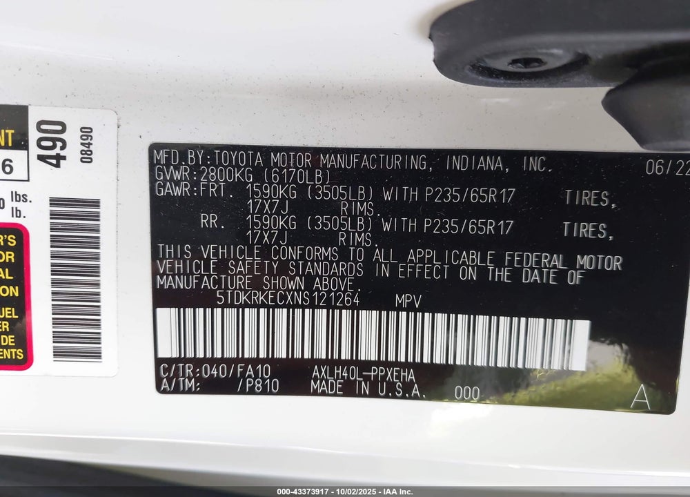 2022 TOYOTA SIENNA LE VIN: 5TDKRKECXNS121264