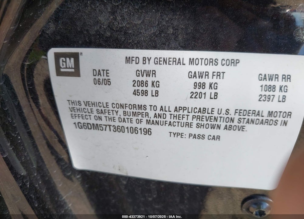 2006 CADILLAC CTS STANDARD VIN: 1G6DM57T360106196