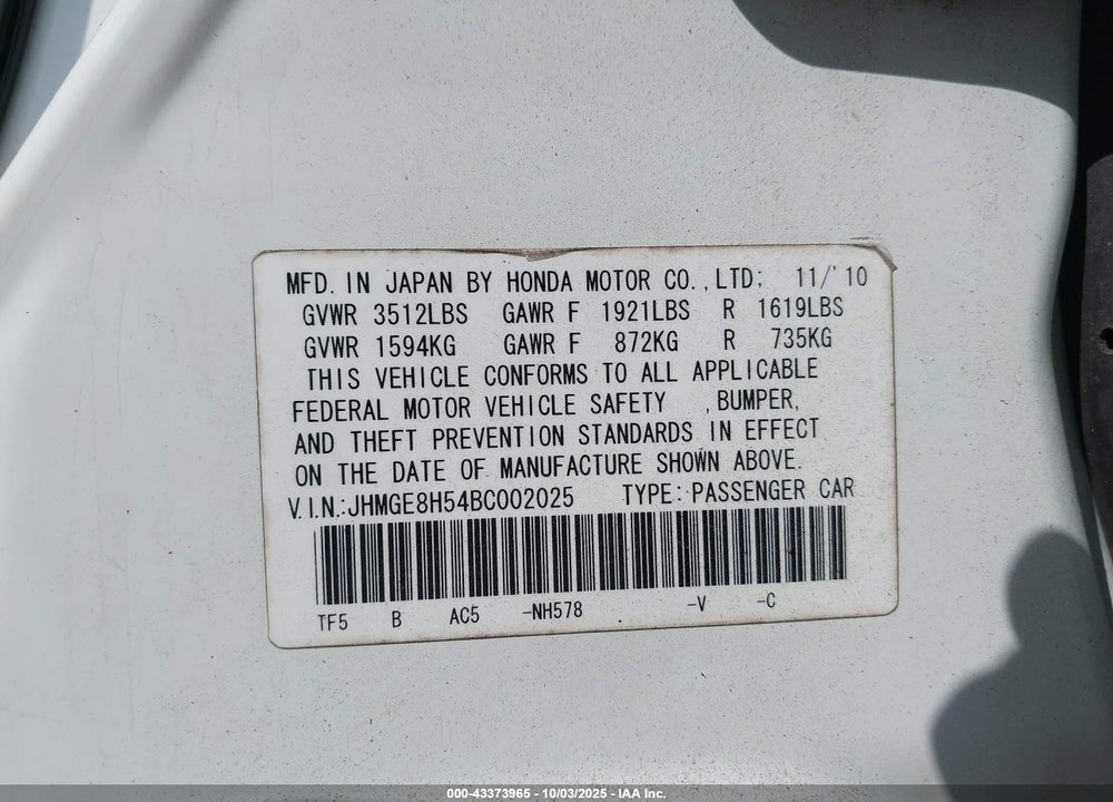 2011 HONDA FIT SPORT VIN: JHMGE8H54BC002025