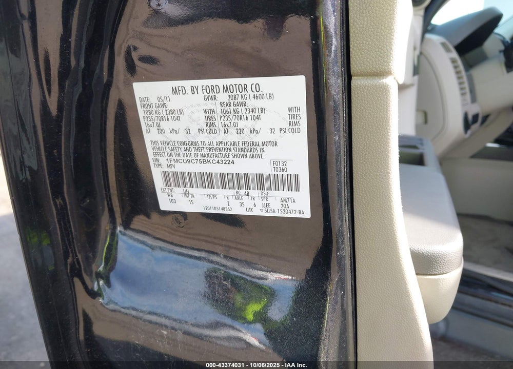 2011 FORD ESCAPE XLS VIN: 1FMCU9C75BKC43224