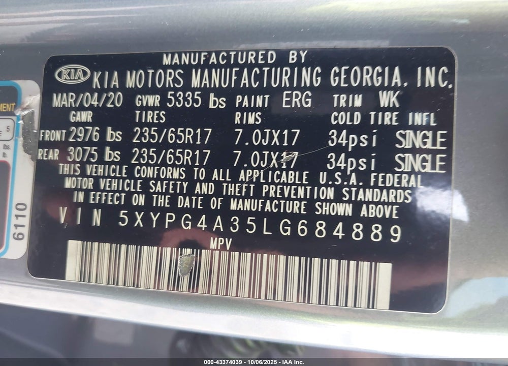 2020 KIA SORENTO 2.4L LX VIN: 5XYPG4A35LG684889