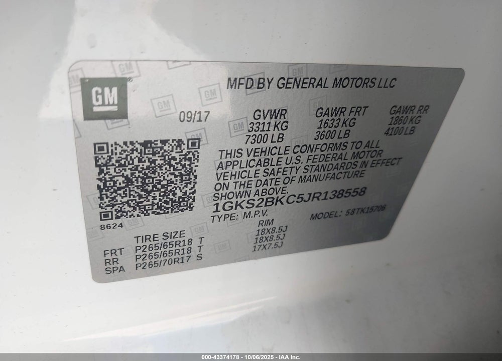2018 GMC YUKON VIN: 1GKS2BKC5JR138558