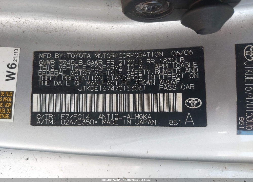 2007 SCION TC VIN: JTKDE167470153061