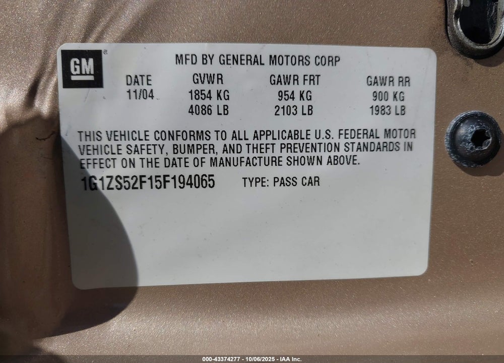 2005 CHEVROLET MALIBU VIN: 1G1ZS52F15F194065