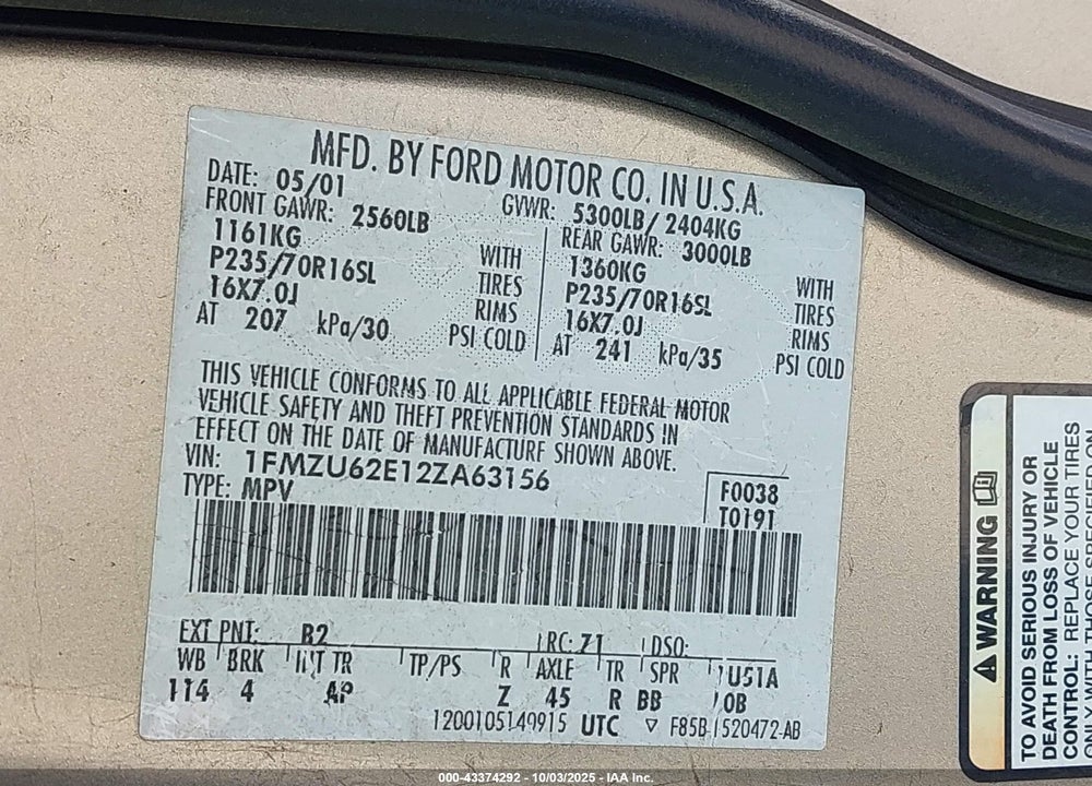 2002 FORD EXPLORER XLS VIN: 1FMZU62E12ZA63156