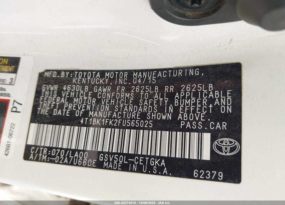 2015 TOYOTA CAMRY XLE V6 VIN: 4T1BK1FK2FU565025