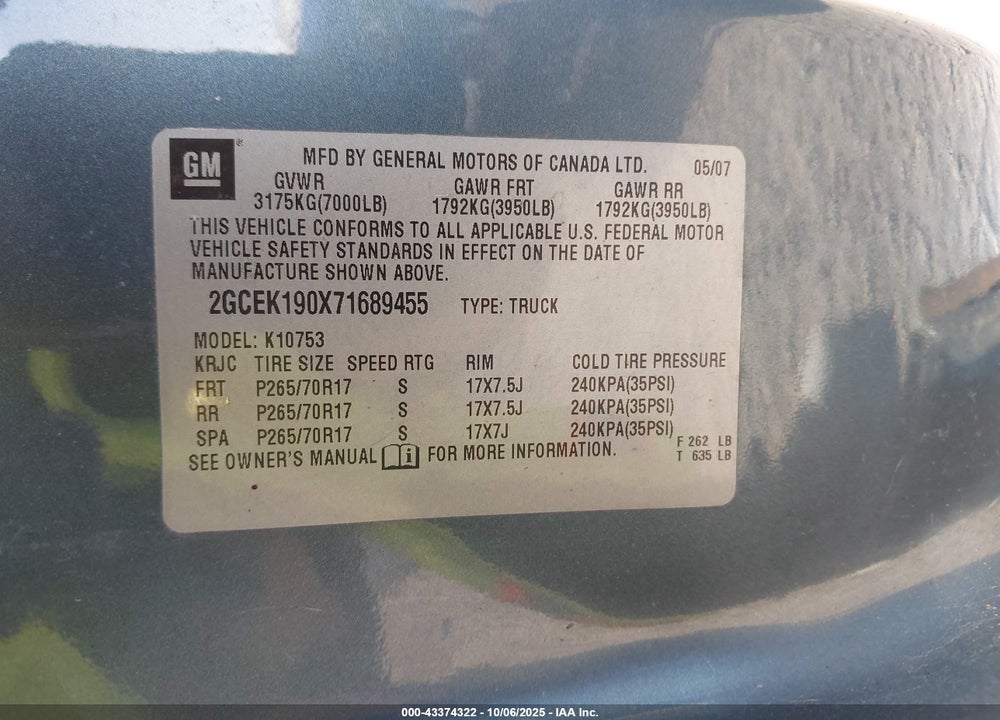 2007 CHEVROLET SILVERADO 1500 LT1 VIN: 2GCEK190X71689455