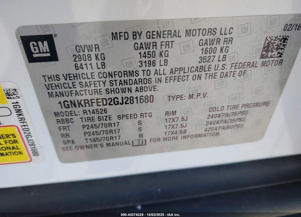 2016 CHEVROLET TRAVERSE VIN: 1GNKRFED2GJ281680