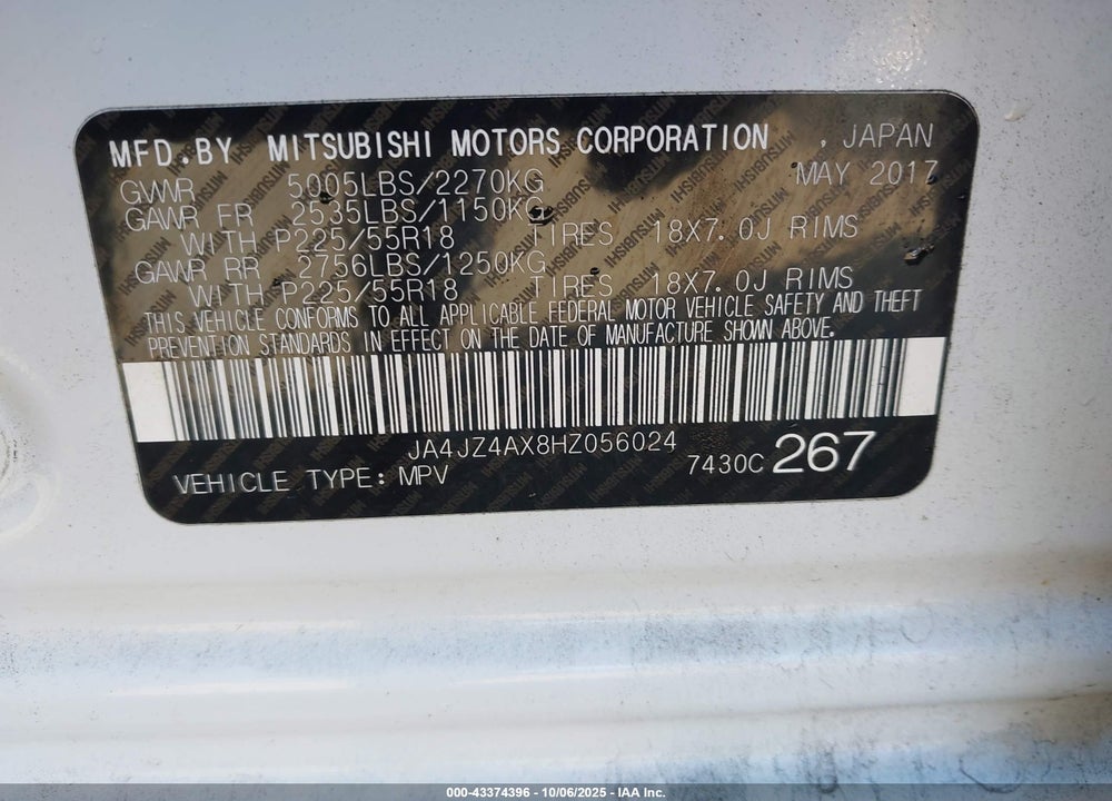 2017 MITSUBISHI OUTLANDER VIN: JA4JZ4AX8HZ056024