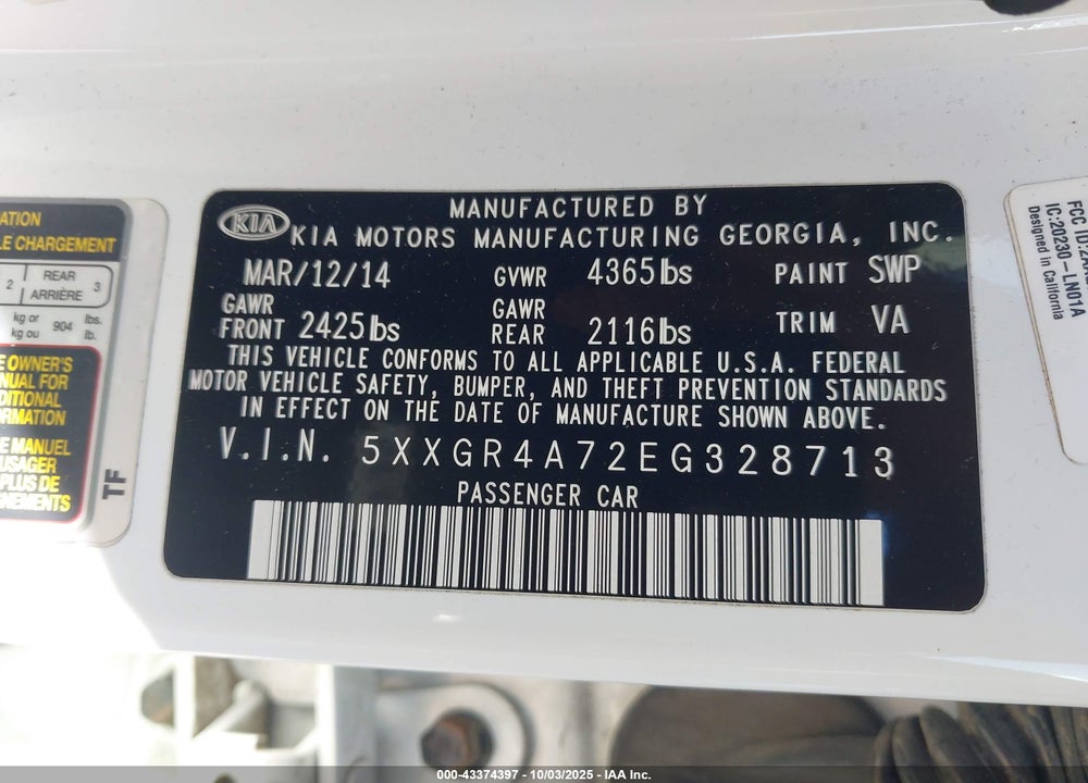 2014 KIA OPTIMA VIN: 5XXGR4A72EG328713