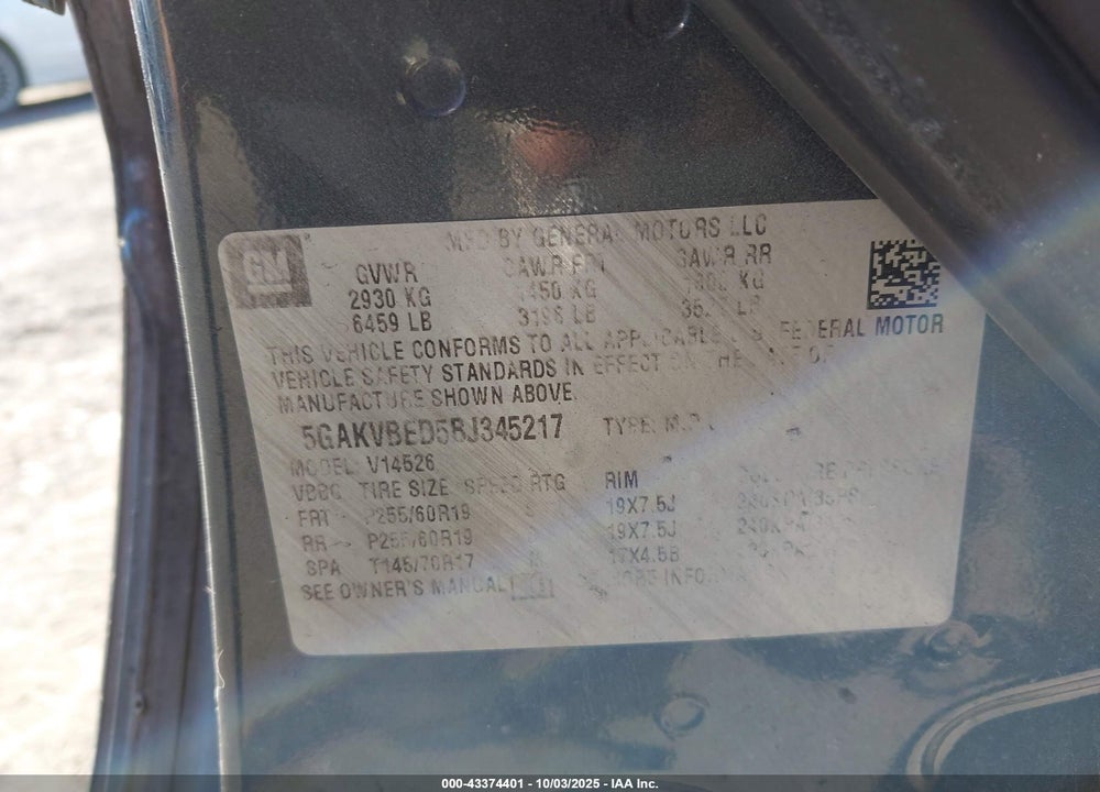 2011 BUICK ENCLAVE 1XL VIN: 5GAKVBED5BJ345217