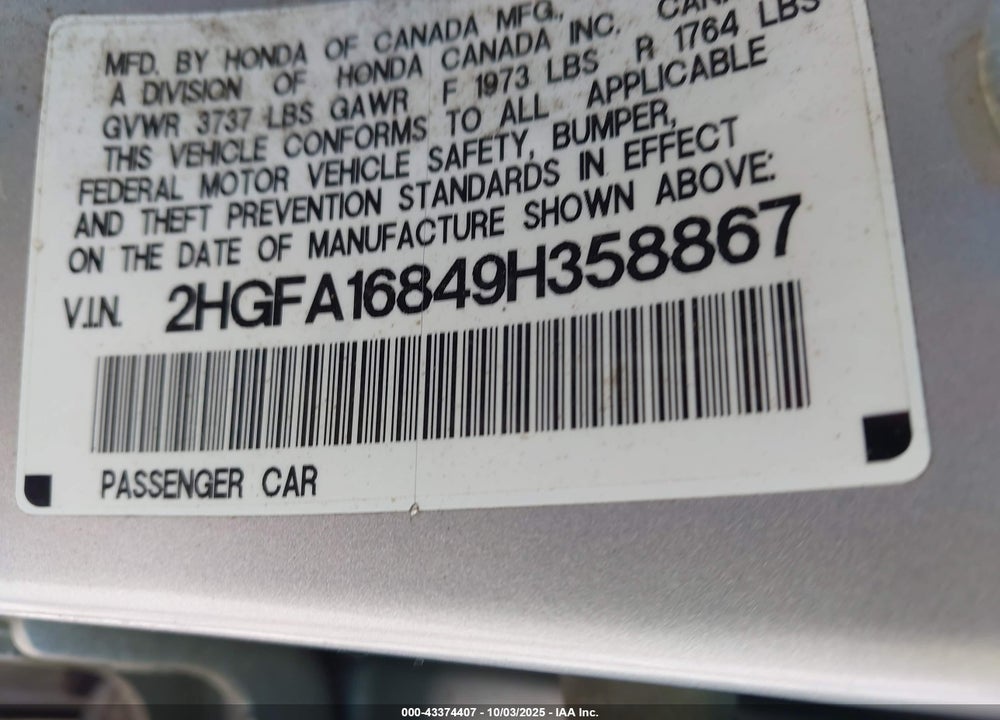 2009 HONDA CIVIC VIN: 2HGFA16849H358867