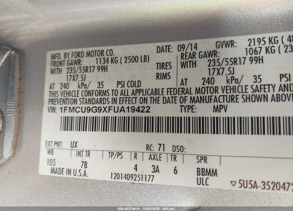 2015 FORD ESCAPE VIN: 1FMCU9G9XFUA19422
