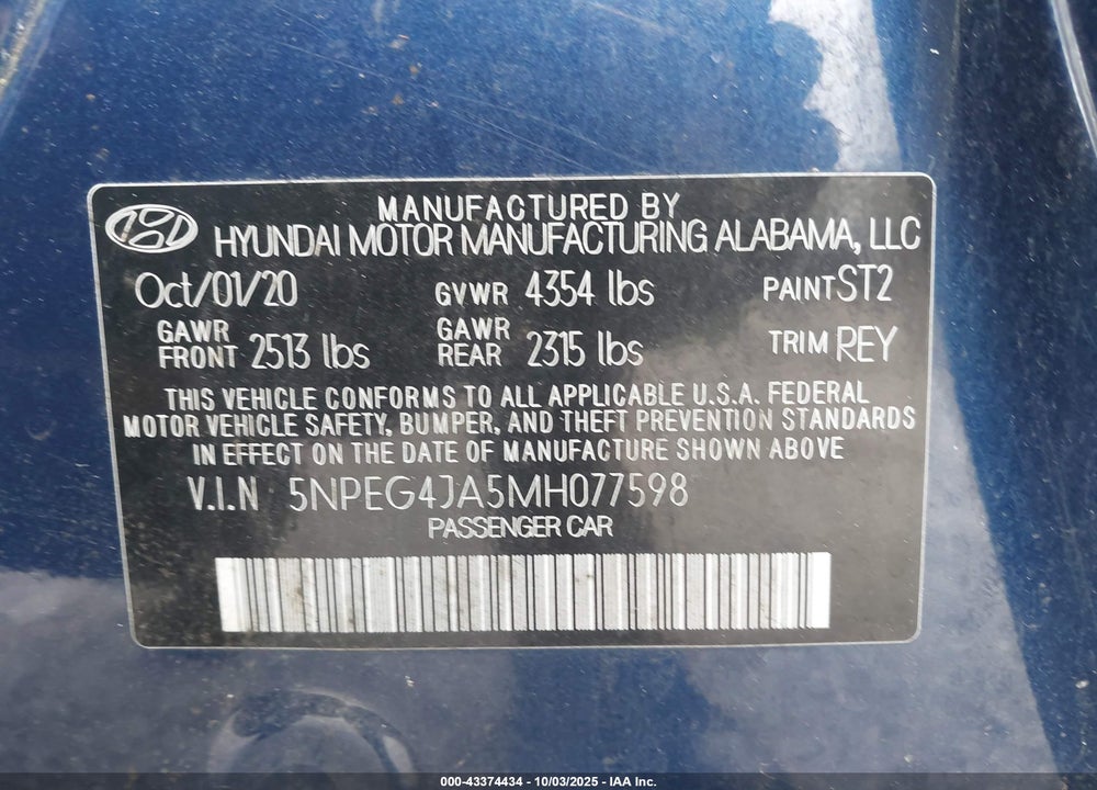 2021 HYUNDAI SONATA VIN: 5NPEG4JA5MH077598