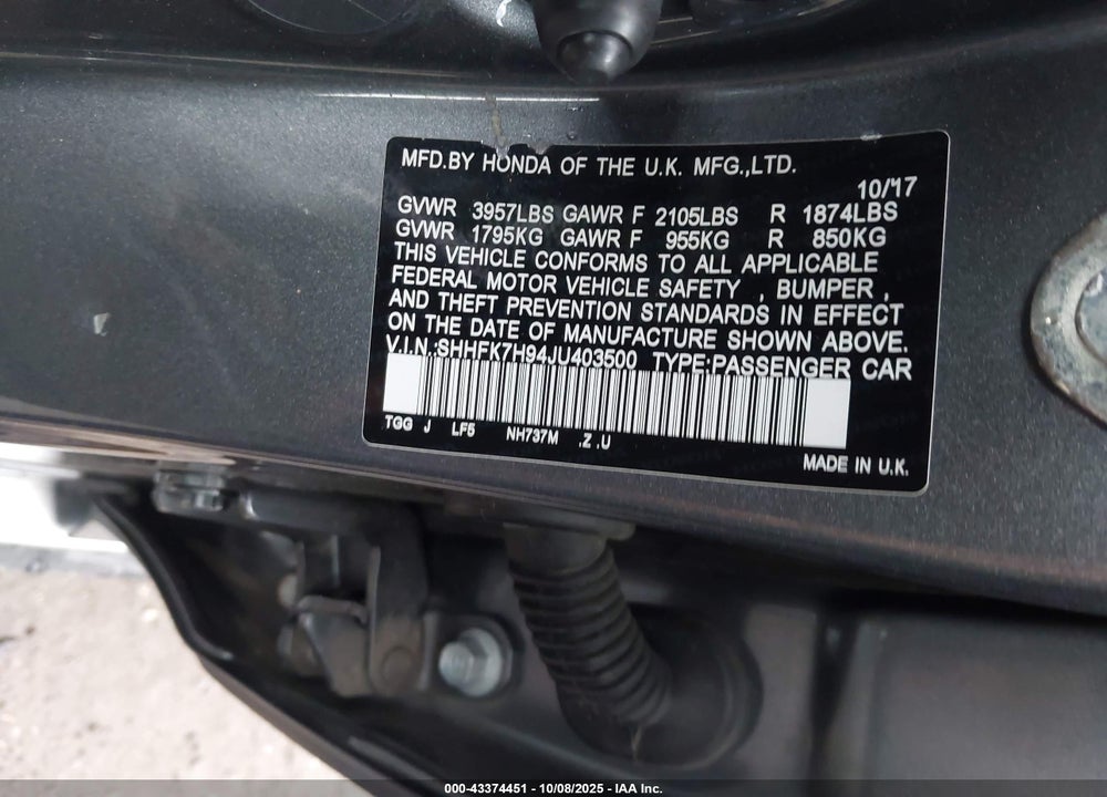 2018 HONDA CIVIC SPORT TOURING VIN: SHHFK7H94JU403500