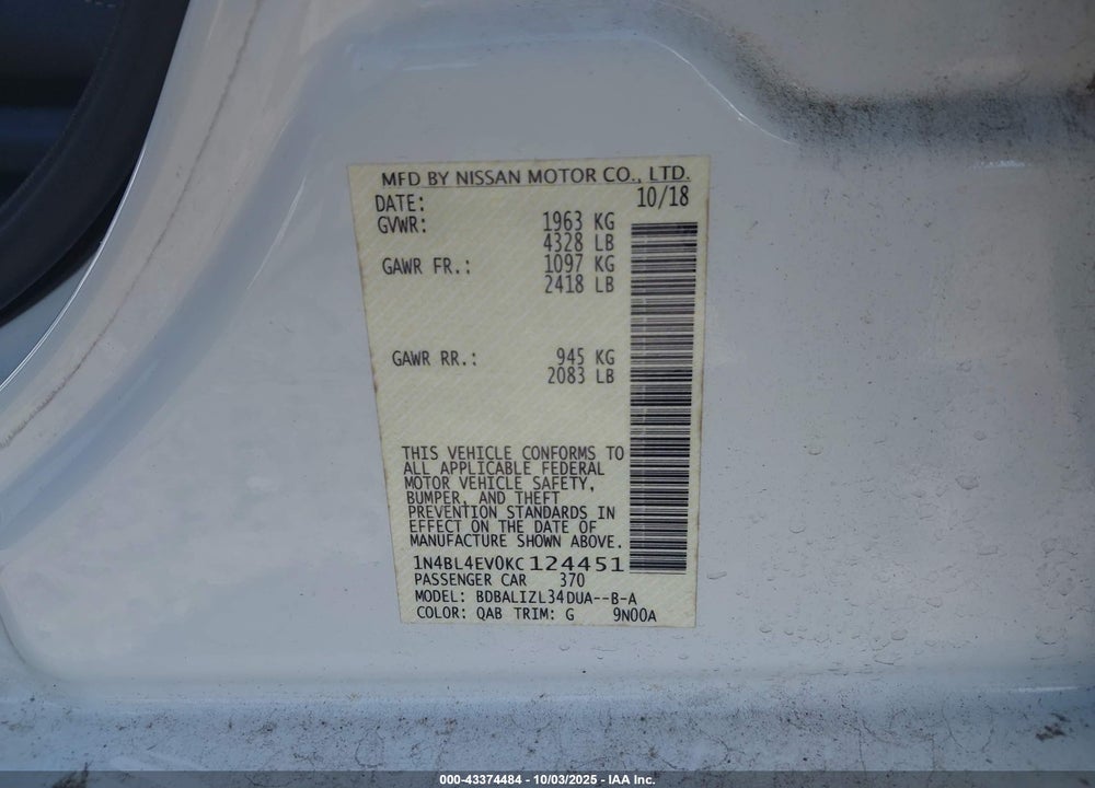 2019 NISSAN ALTIMA VIN: 1N4BL4EV0KC124451