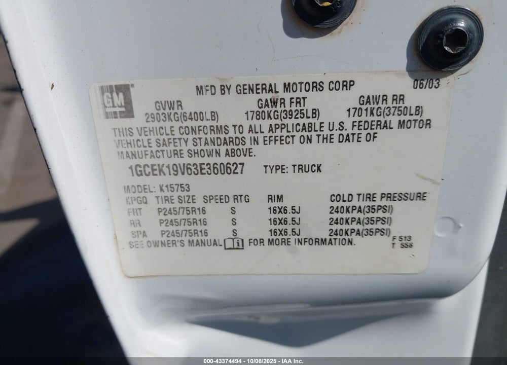 2003 CHEVROLET SILVERADO 1500 VIN: 1GCEK19V63E360627