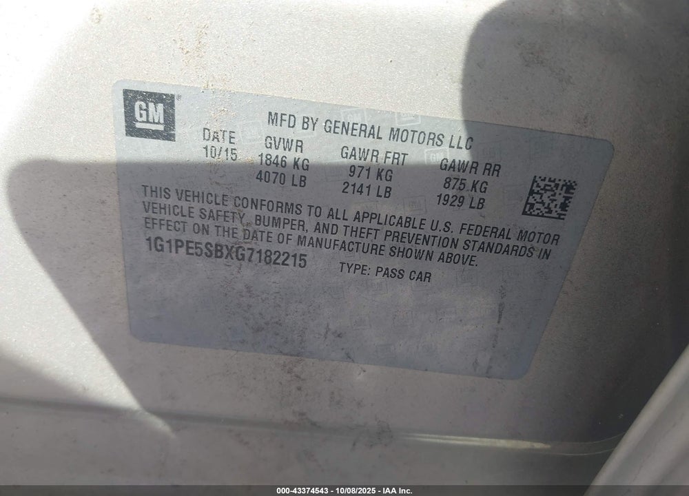2016 CHEVROLET CRUZE LIMITED VIN: 1G1PE5SBXG7182215