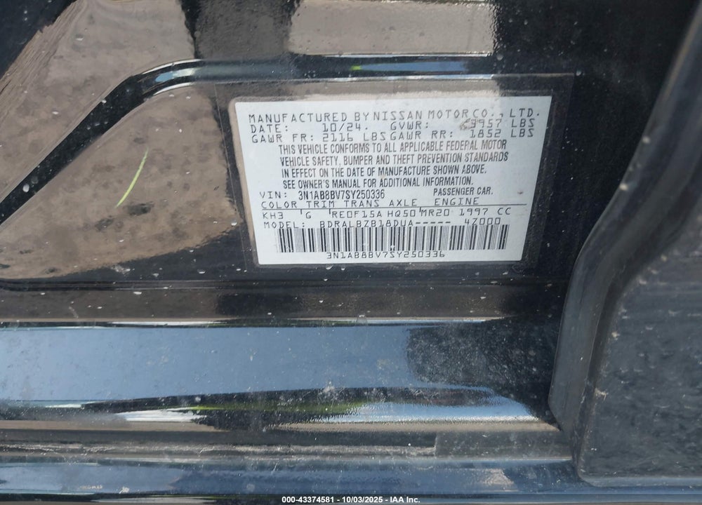 2025 NISSAN SENTRA S VIN: 3N1AB8BV7SY250336