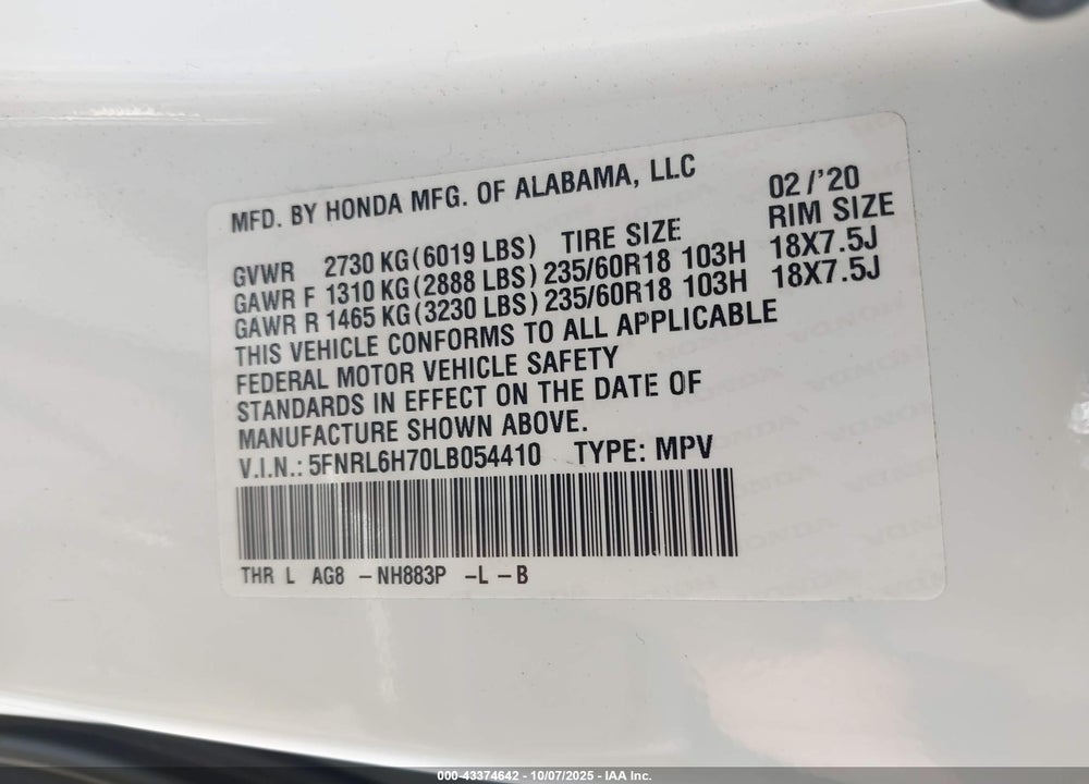 2020 HONDA ODYSSEY VIN: 5FNRL6H70LB054410