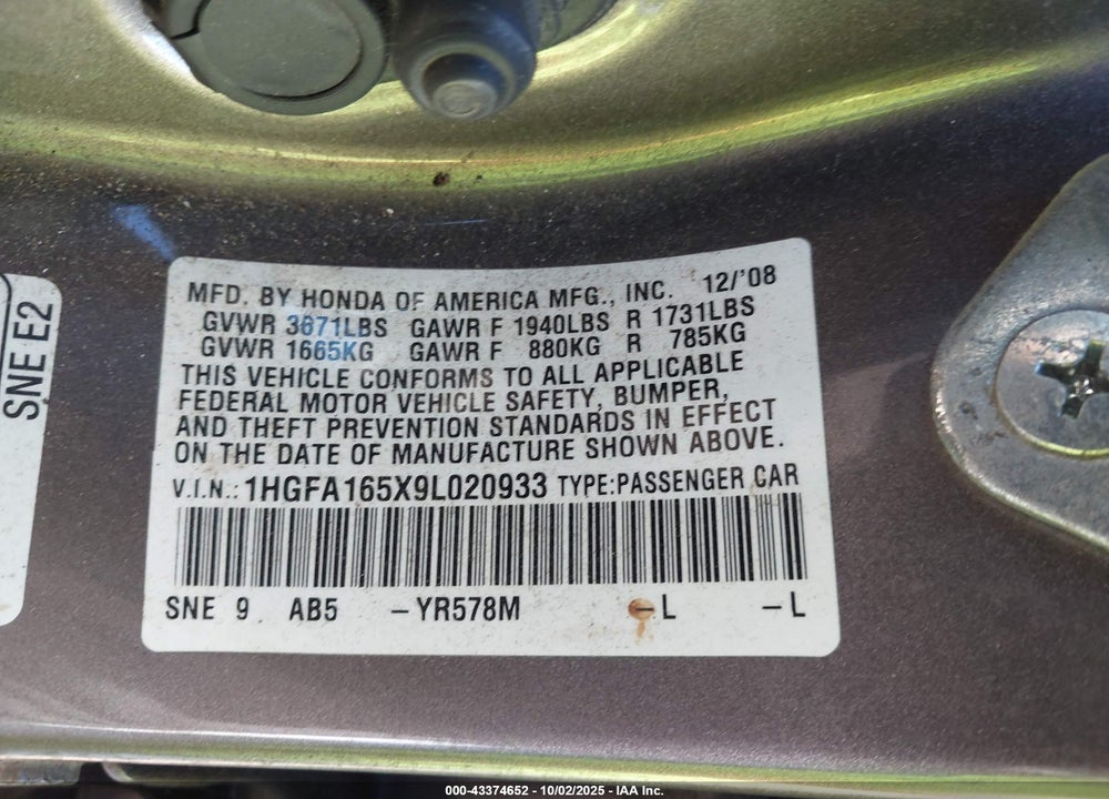 2009 HONDA CIVIC VIN: 1HGFA165X9L020933