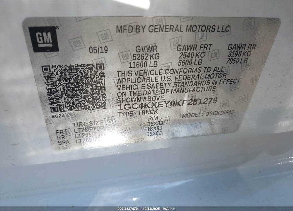 2019 CHEVROLET SILVERADO 3500HD LTZ VIN: 1GC4KXEY9KF281279